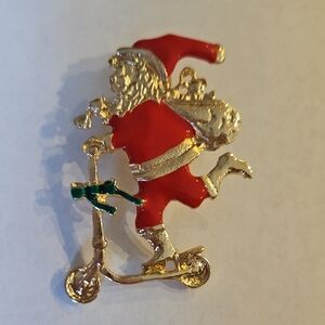 Santa Claus Riding On Scooter Enamel Brooch Pin Red Green Gold Tone Christmas